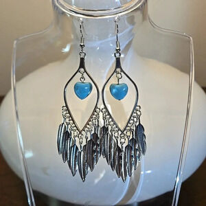 Feather Tassel Heart Turquoise Decor Dangle Earrings Silver-plated